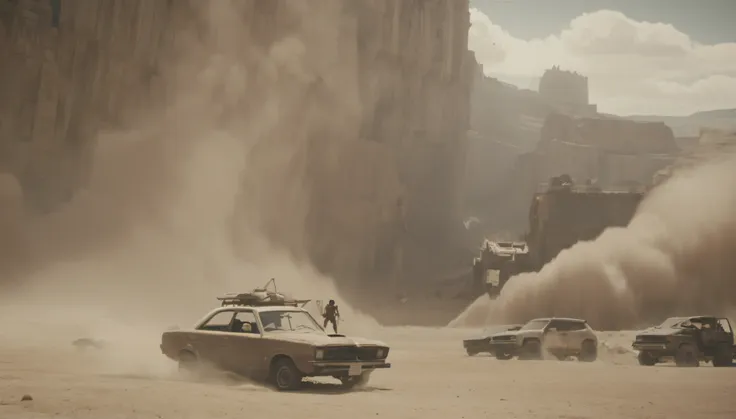 breathtaking graphics from the attack on titan universe, filming epic races in the distance in small cars from mad max against t...