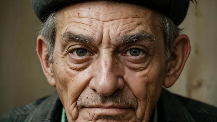 facial close up of a 100 year old man with bright green eyes, tramp, heavy wrinkles, battered top hat, strange, scary, large sticking out ears, ugly, 