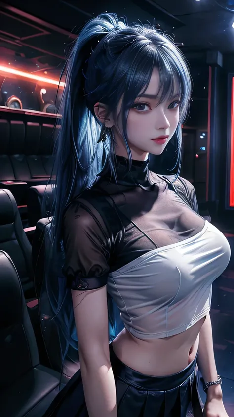 top-quality、Top image quality、​masterpiece、girl with((18year old、Best Bust、Medium bust、Bust 85,Beautiful blue eyes、Breasts wide open,Black Short Sleeve T-Shirt、White see-through、Black short skirt、Ponytail with black hair、grin、Fashionable bags、Beautiful blu...