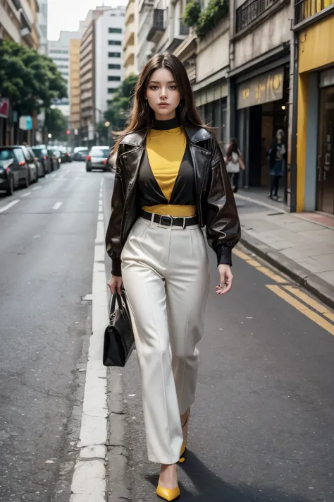 A beautiful look without a neckline ,  yellow , maroon , black on a woman walking full body light brunette beautiful walking gracefully lightly through the streets of São Paulo for the next trend placement 2025 unique pieces exclusive extremely pleasant re...