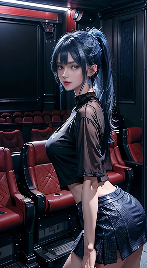 top-quality、Top image quality、​masterpiece、girl with((18year old、Best Bust、Medium bust、Bust 85,Beautiful blue eyes、Breasts wide open,Black Short Sleeve T-Shirt、White see-through、Black short skirt、Ponytail with black hair、grin、Fashionable bags、Beautiful blu...