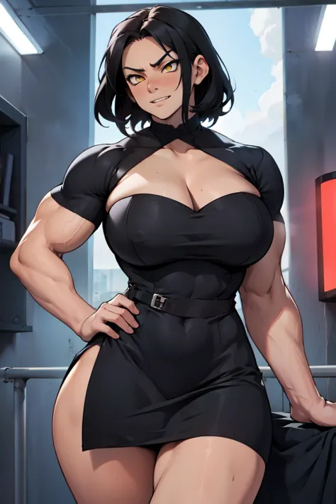 huge breasts huge muscles muscular girl black hair yellow eyes pale skin cocky smug confident expression smug confident expression silk black dress 