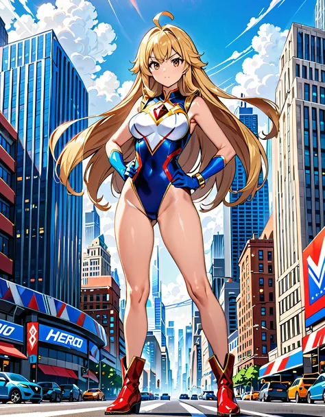 (masterpiece), (best quality), (highres), 1girl, solo, solo focus, finger proportions coordination, superhero, leotard, bare legs, boots, ankle boots, matching boots, sleeveless, gloves, blue gloves, bracelets, matching gloves, looking at viewer, city back...