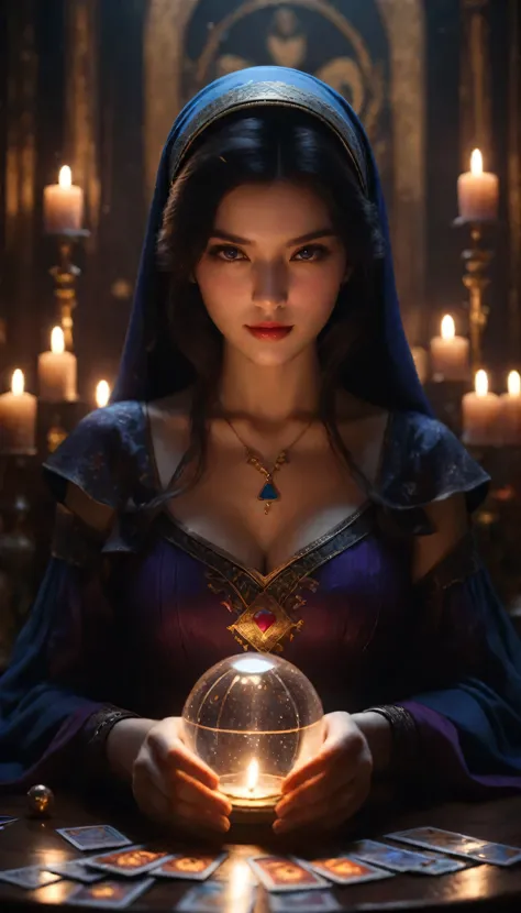 ((Masterpieces with up to 16K resolution):1.6),((soft_Farbe_photograph:)1.5), ((Very detailed):1.4),((Cinematic stills and dynamic angles):1.3). | (Macro shot of tarot cards on a tarot table. Cinematic photograph), (Fortuneteller reading tarot cards), (For...