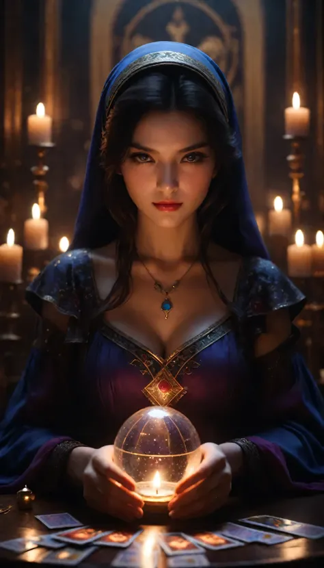 ((Masterpieces with up to 16K resolution):1.6),((soft_Farbe_photograph:)1.5), ((Very detailed):1.4),((Cinematic stills and dynamic angles):1.3). | (Macro shot of tarot cards on a tarot table. Cinematic photograph), (Fortuneteller reading tarot cards), (For...