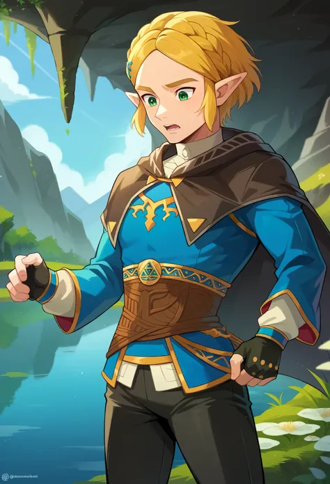 score_9, score_8_up, score_7_up, 1boy, solo, ZeldaSDXL, male focus, princess zelda, short hair, bangs, parted bangs, blonde hair, green eyes,pointy ears, black capelet, blue shirt, puffy sleeves, long sleeves, fingerless gloves, black gloves, black pants, ...
