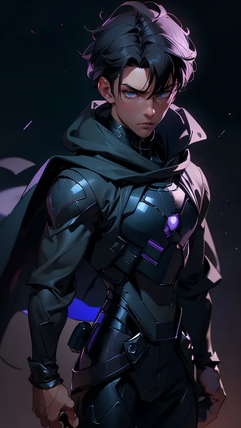 envision a 8k, highres, cinematic full body design sheet of an Short man with a strong face, sleek skinny body, clean shaved, with short slick black hair, and dark blue eyes wearing a black superhero suit with purple lights and metallic attachments and a l...