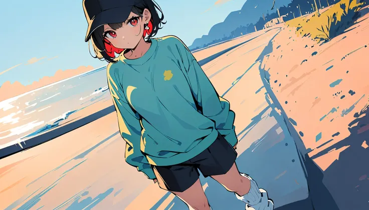 (high quality, 8k, 4K, High Contrast, masterpiece:1.2, 最high quality, Best aesthetics), ((1 female)),Crouching, (Background of blue sky and road along the sea)), ((Flat Color)), (Plain grey long sleeve sweatshirt), ((Black shorts)),(white super loose socks...
