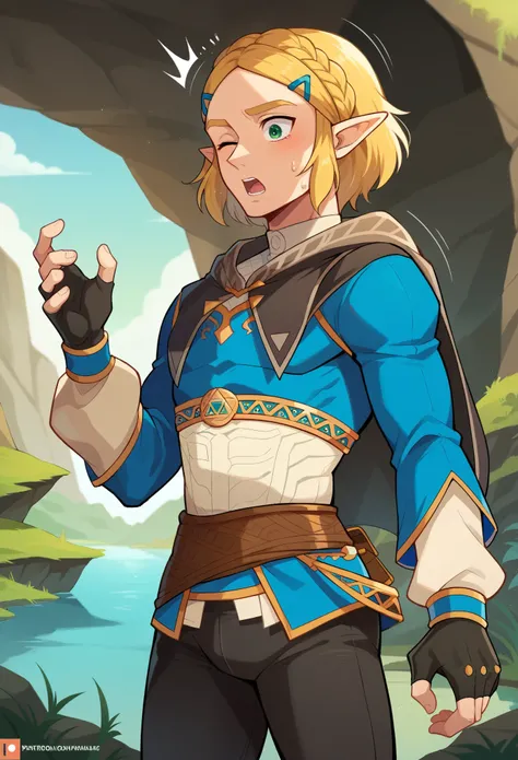 score_9, score_8_up, score_7_up, 1boy, solo, ZeldaSDXL, wide hip, princess zelda, short hair, bangs, parted bangs, blonde hair, green eyes,pointy ears, black capelet, blue shirt, puffy sleeves, long sleeves, fingerless gloves, black gloves, black pants, ti...