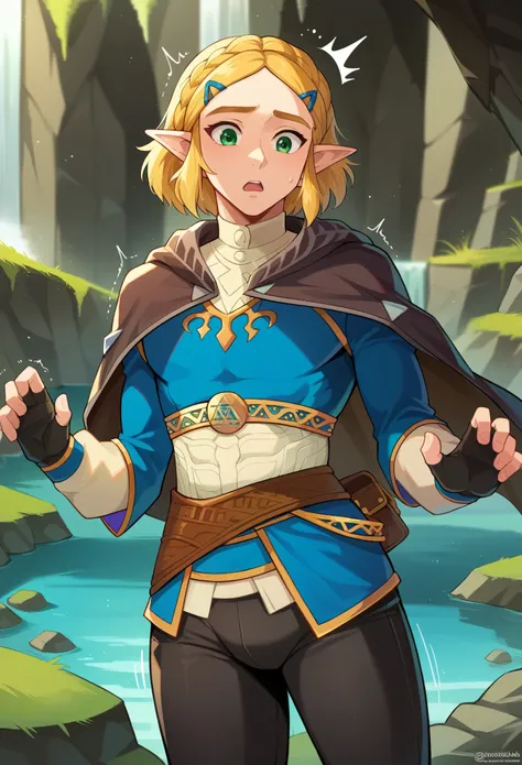 score_9, score_8_up, score_7_up, 1boy, solo, ZeldaSDXL, princess zelda, short hair, bangs, parted bangs, blonde hair, green eyes,pointy ears, black capelet, blue shirt, puffy sleeves, long sleeves, fingerless gloves, black gloves, black pants, tight pants,...
