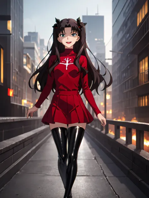 Highest quality, masterpiece, High resolution, 一人w, (Tohsaka_Also_fwestaynightufotable:1.10), one person, アニメ_coloAlsog, turtleneck, , Lookwg_w_Audience, brown_hair, Parody, green_eye, , swewer, アニメ_style, 5 ,,Bad face,,Red Skirt,both hands,Two legs,Five F...