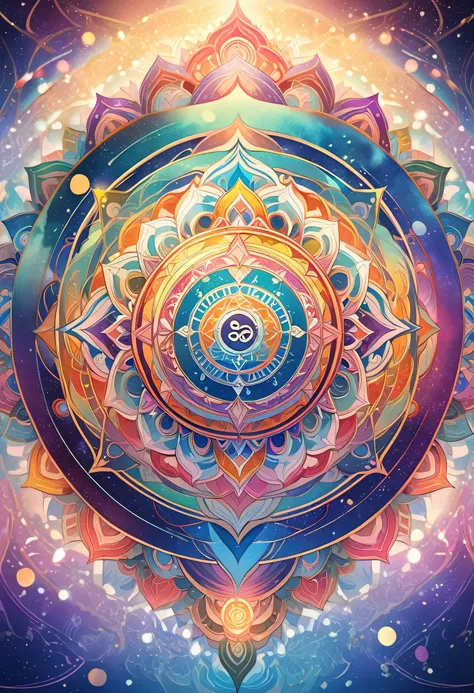 A vivid and intricate mandala at the center of the composition, symbolizing the cosmos and spiritual unity. The mandala features concentric circles, geometric patterns, and sacred symbols such as the lotus, Om, and the Dharma wheel, radiating outwards with...