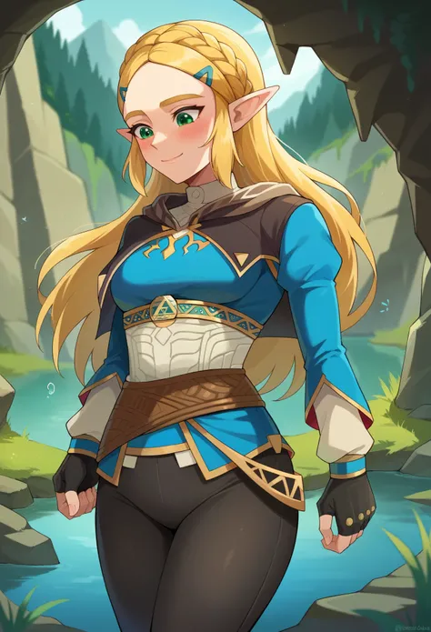 score_9, score_8_up, score_7_up, 1girl, solo, ZeldaSDXL, princess zelda, long hair,, bangs, parted bangs, blonde hair, green eyes,pointy ears, black capelet, blue shirt, puffy sleeves, long sleeves, fingerless gloves, black gloves, black pants, tight pants...
