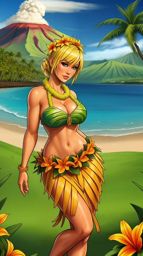 blonde girl wearing a grass skirt and lei lei, Hawaii, volcano,, rikku