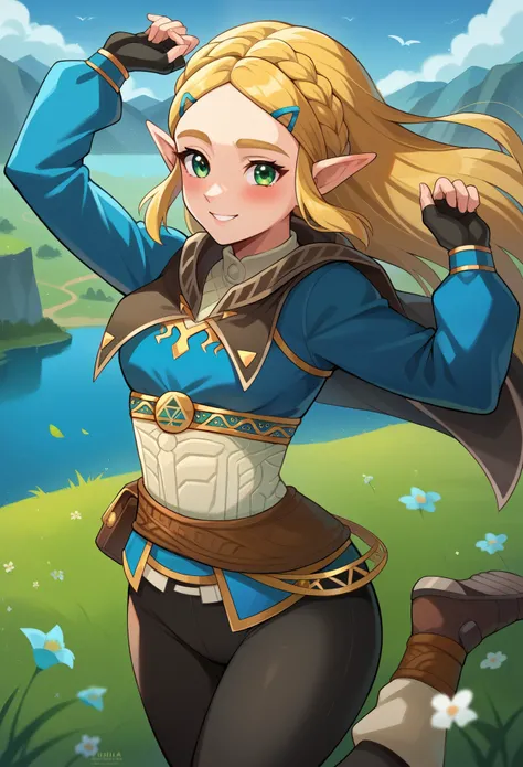 score_9, score_8_up, score_7_up, 1girl, solo, ZeldaSDXL, princess zelda, long hair,, bangs, parted bangs, blonde hair, green eyes,pointy ears, black capelet, blue shirt, puffy sleeves, long sleeves, fingerless gloves, black gloves, black pants, tight pants...