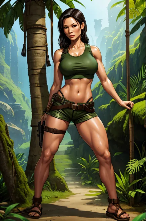 Lucy Liu as Lara Croft, full body shot, crop top, shorts, jungle temple