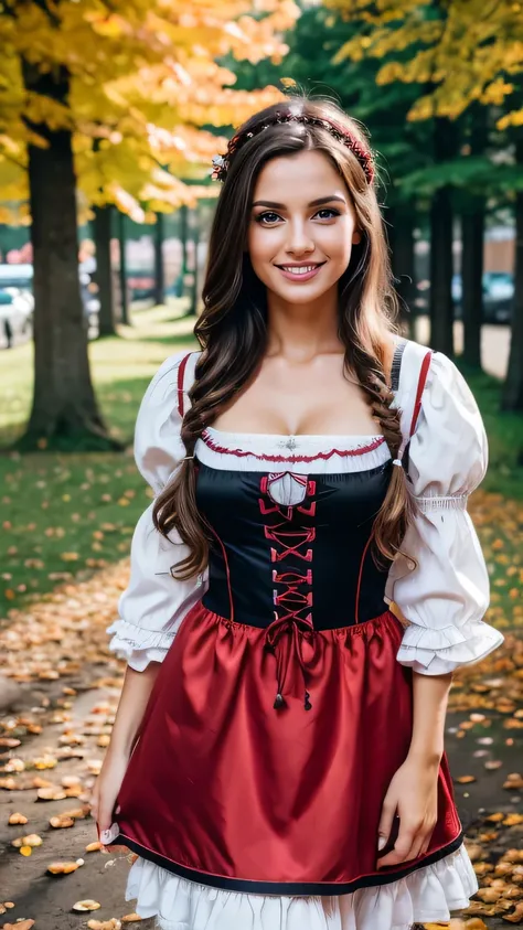 Realistic full body photo of a smiling brunette woman with long hair, She dances in front of the camera in a red cotton dirndl with straps and a silver satin apron, fine fabrics, Park,glamour fotoshooting, Wedding celebration, perfect anatomy, perfect brow...