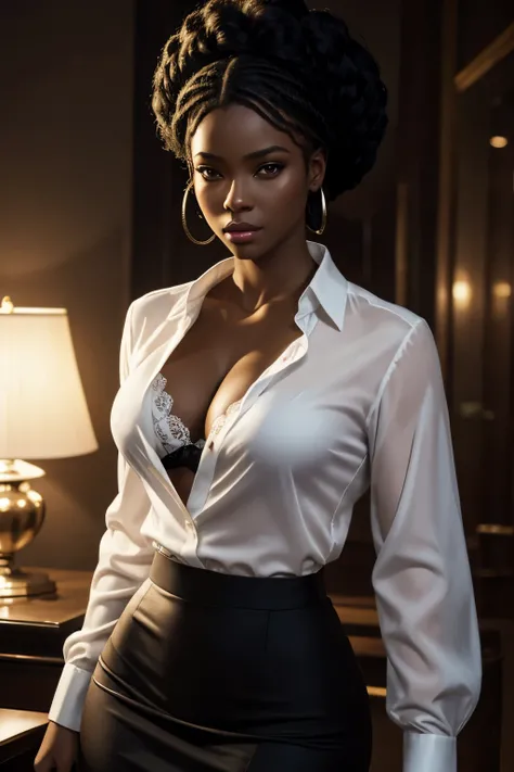 a beautiful black woman in a white silk shirt with a deep v-neck, wearing a business suit, a red lace bra peeking through, and a pencil skirt, with black afro cornrows hairstyle, jungle, photorealistic, masterpiece, high quality, realistic, detailed, drama...