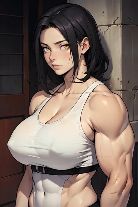 black hair yellow eyes pale skin muscular girl toned body large breasts embarrassed huge muscles serious look empty eyes