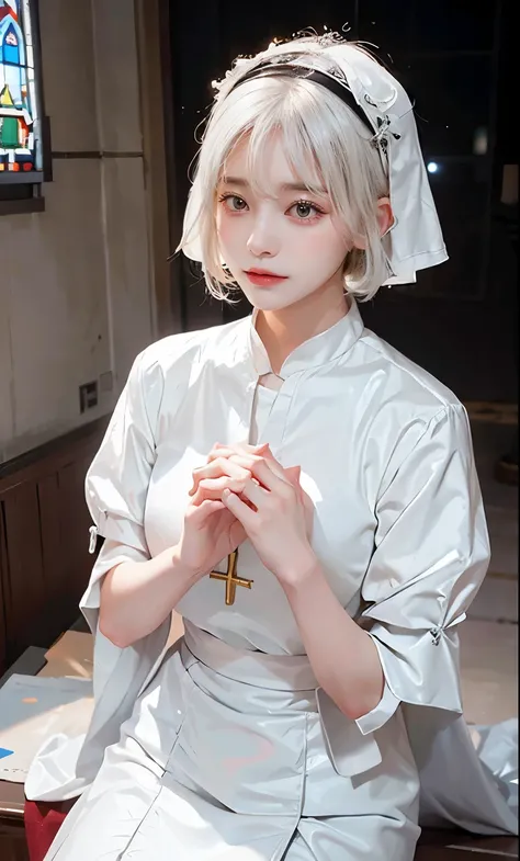 White Hair、Short Hair、4K、high resolution、It looks like it was taken with a single-lens reflex camera.、church、Sister、Nuns、clear、Sacred、goddess、prayer