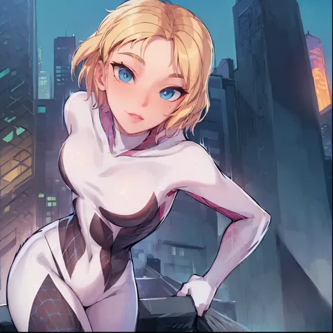 ((1girl)),((alone)),Gwen stacy,( spiderman),(masterpiece), (best quality), (ultra detailed), (best illustration), (best shadow), (absurdities), sharp focus, cowboy shot, atmospheric perspective, depth of field, dynamic posture, ((looking at viewer)), mediu...