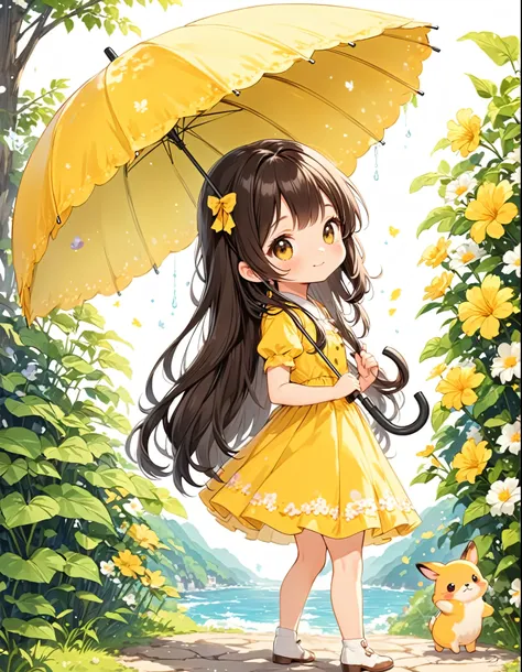 Anime girl with long hair and yellow dress holding an umbrella, cuteデジタルアート, cute漫画, cute漫画 character, cuteアートワーク, cuteアートスタイル, Adorable digital painting, Cute and detailed digital art, Beautiful artwork illustration, cuteのアニメビジュアル, Yellow parasol, cuteキャラ...