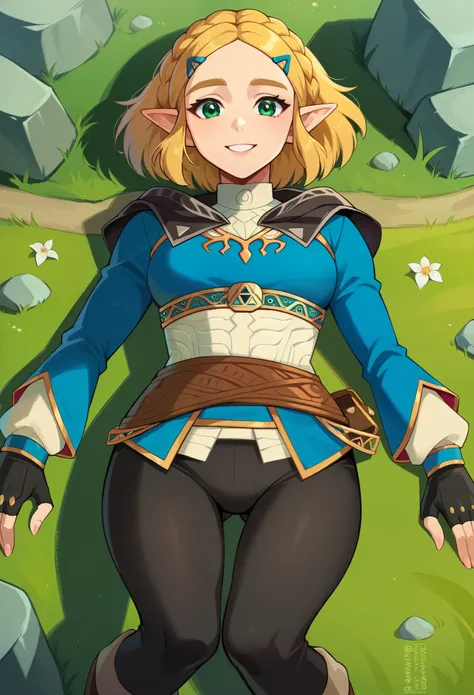 score_9, score_8_up, score_7_up, 1girl, solo, ZeldaSDXL, princess zelda, short hair, bangs, parted bangs, blonde hair, green eyes,pointy ears, black capelet, blue shirt, puffy sleeves, long sleeves, fingerless gloves, black gloves, black pants, tight pants...