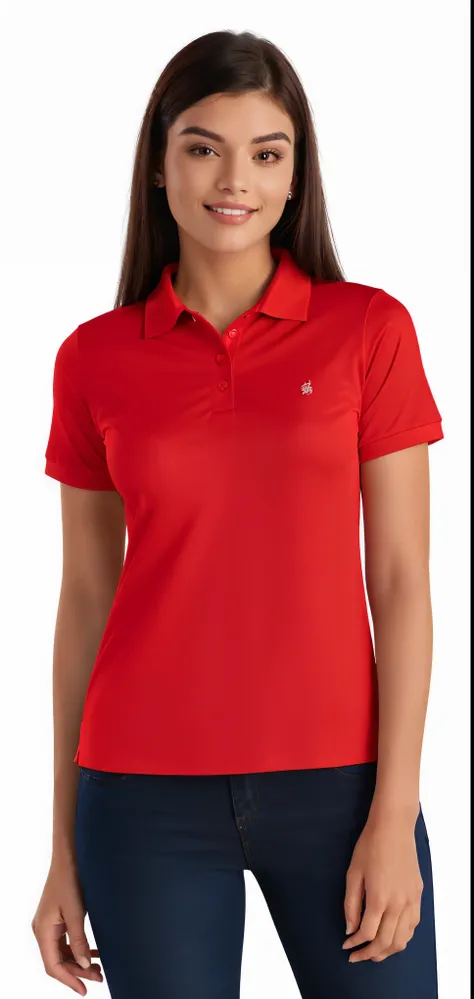 a woman in a red shirt while standing, wearing polo shirt, red shirt, red uniform, red t-shirt, short sleeves, wearing red clothes, collared shirt, clothing photography, wearing red attire, red sport clothing, maxar, red clothes, wearing red formal attire,...