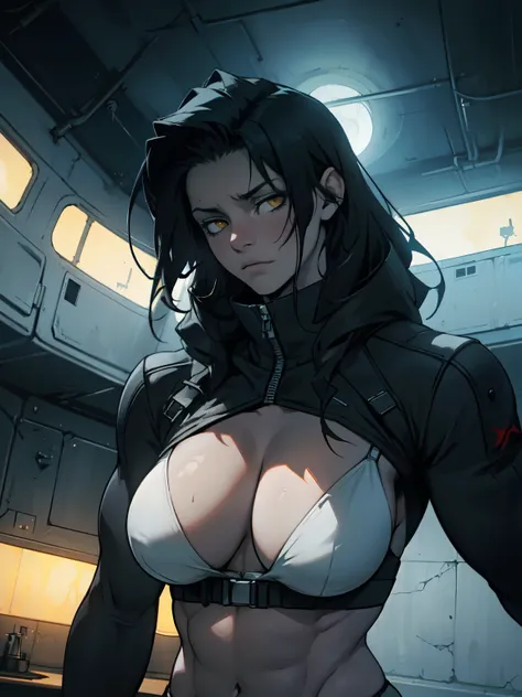 tired black hair yellow eyes pale skin muscular girl toned body large breasts embarrassed huge muscles tired tired dark atmosphere dark atmosphere dark atmosphere dark atmosphere dark atmosphere dark atmosphere dark atmosphere dark atmosphere dark atmosphe...