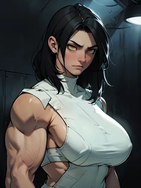 tired black hair yellow eyes pale skin muscular girl toned body large breasts embarrassed huge muscles tired tired dark atmosphere dark atmosphere dark atmosphere dark atmosphere dark atmosphere dark atmosphere dark atmosphere dark atmosphere dark atmosphe...