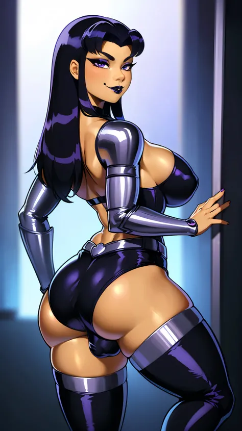 (solo:1.1),(masterpiece), (best quality:1.3),, highly detailed, intricate, professional art, digital art, absurdres, confidant, Blackfire, futanari Blackfire wearing an armored-leotard with armored-booty-shorts and armored-thigh-boots posing confidently in...