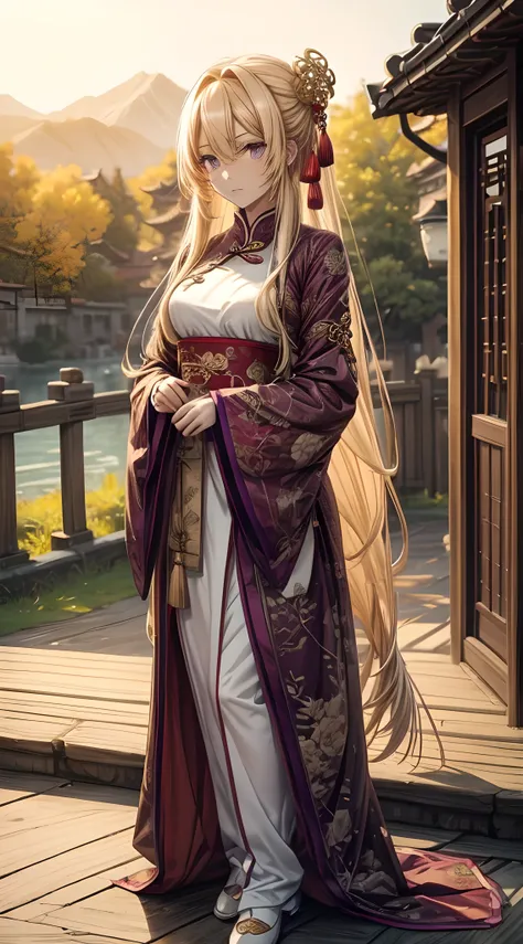 long golden colored hair, Traditional Chinese clothing, hand drawn, violet colored eyes, slenderbody, medium bust, Full-body image,realisitic, HD 8k, perfection, best qualityer, landscape landscape scenery.
