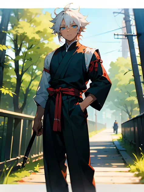 1male , Dark Skin , Adult Male , Lean Muscular , Modern Undercut Messy Hair , White Hair ,Fitted Sleeves,White and Red Yukata, Ninja Clothing , Calm Expression , Modern city background , Pale Blue Eyes, Standing on path , Forest Background 