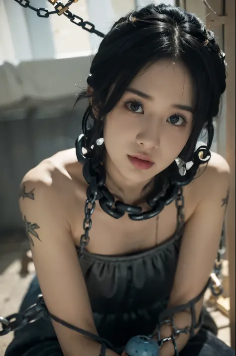(((best quality))), (((ultra detailed))), (((masterpiece))), illustration,A girl sits in a dimly lit cell, (bound in heavy black chains:1.5), her long matted hair falling around her gaunt face. Her almond-shaped eyes are hollow and filled with sadness, onc...