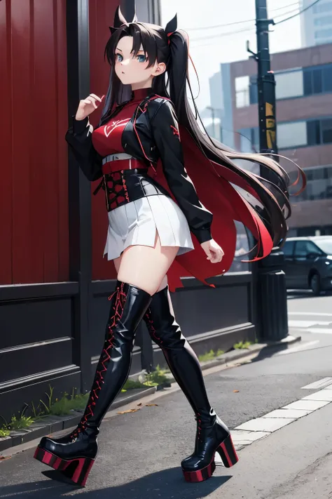 Rin Tohsaka, anime girl, girl, boots, thigh boots, black boots, platform boots, lace up boots, black footwear, high heels, walking