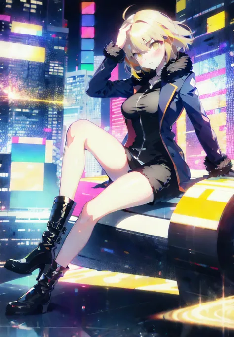 (masterpiece), (HDR), absurdres, (best quality), (ultra high quality), (hi-res), (((sitting))), head tilt, (1girl), solo, alone, mature, ModernCloth, Shinjuku, (yellow eyes), ((short hair)), beautiful detailed eyes, ((platinum blonde hair)), BREAK, dynamic...