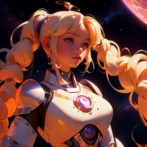 envision a 8k, highres, cinematic, close up beautiful portrait of an Big tall girl named Sana Tsukumo with long blonde hair in pigtails, tan skin, hair ornaments, orange eyes, wearing a white dress and superhero cosmic armor and a Galactus helmet against a...
