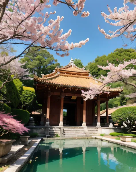 absurdrez, high resolution, ultra detaild, comely, work of art, best qualityer,ancient temples, jardins exuberantes, shiny colors, tranquil lagoons, traditional architecture, Cherry blossoms