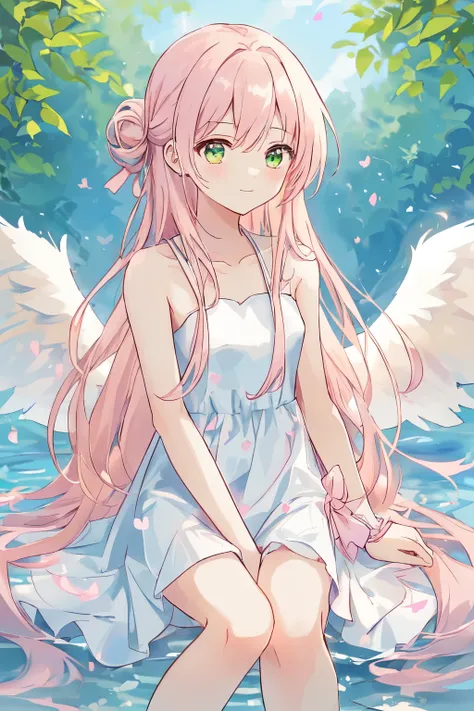 1_girl, (anime, kawai:1.6), (masterpeice, best_quality, clean:1.8), (sky_background:1.2), (cute, wholesome, young:1.4), (delicate, extremely_delicate, beautiful, thin:1.3), (girlfriend, angel:1.5), (green_eyes:1.8) (long_hair, blond_hair:1.6), (wearing_pin...