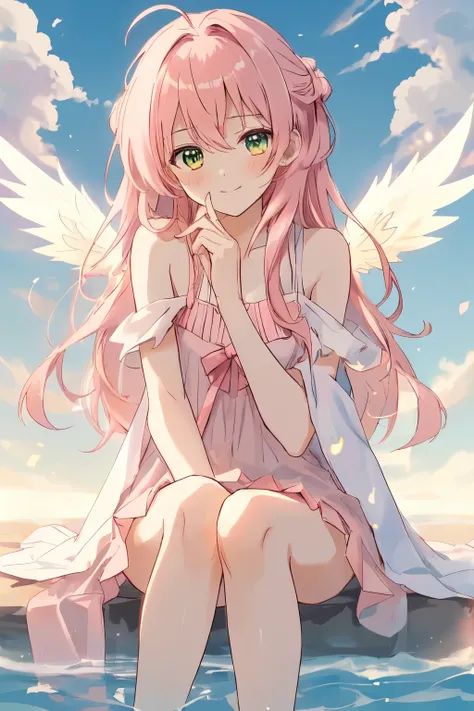 1_girl, (anime, kawai:1.6), (masterpeice, best_quality, clean:1.8), (sky_background:1.2), (cute, wholesome, young:1.3), (delicate, extremely_delicate, beautiful, thin:1.3), (girlfriend, angel:1.5), (green_eyes:1.8) (long_hair, blond_hair:1.6), (wearing_pin...