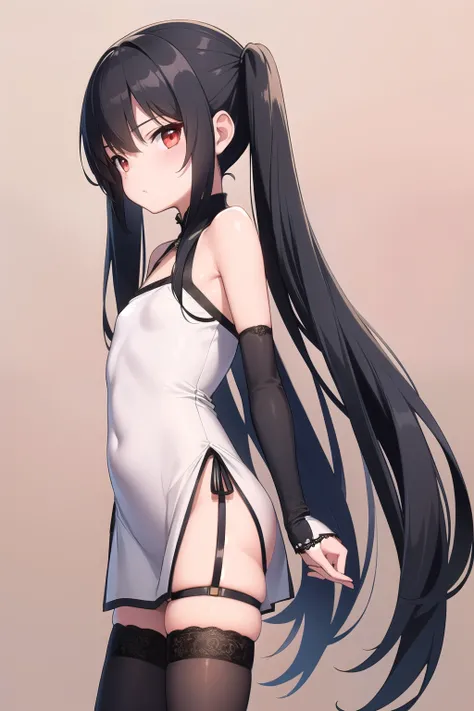 Ultra detailed,  girl , long black hair twintails frinje,  skinny , flat chest,  china dress , garterbelt  lace stockings, 