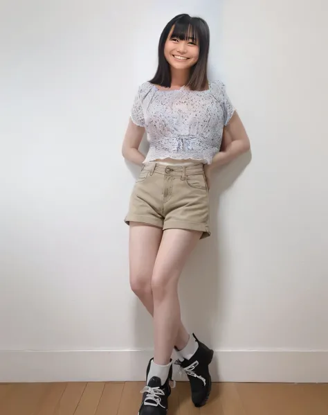 Super detailed,Highest quality,1 female,Standing in a room with white walls,Looking at this,Wearing shorts, Micro Short Boots,Posing for a photo,The background is blurred