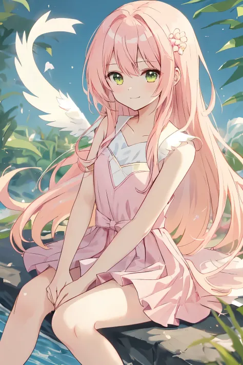 1_girl, (anime, kawai:1.6), (masterpeice, best_quality, clean:1.8), (sky_background:1.2), (cute, wholesome, young:1.4), (delicate, extremely_delicate, beautiful, thin:1.3), (girlfriend, angel:1.5), (green_eyes:1.8) (long_hair, blond_hair:1.6), (wearing_pin...