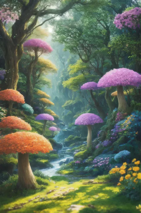 masterpiece, best quality, high quality,extremely detailed CG unity 8k wallpaper, An enchanting and dreamy scene of a fantasy forest, with towering trees, glowing mushrooms, and hidden fairy glens, creating a sense of mystique and enchantment, artstation, ...