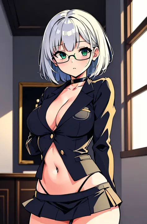 all intricate details, cientificamente: perfect body, girl 1, (masterpiece, best quality:1.2), illustration, solo, 1girl view, short hair, white hair, green eyes, short green blazer, black miniskirt, detailed background, looking at viewer, hair ornaments, ...