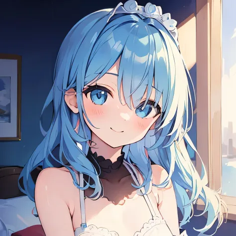 ((masterpiece)), ((best quality)), (ultra-detailed), on the bed, a cute girl, 1girl, solo, underwear00, ((beautiful eyes)), smile, beautiful blue hair