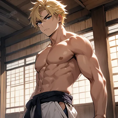 1boy, masculine , blond hair, fighter, shirtless, dojo , looking at the viewer