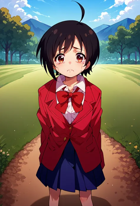 score_9, score_8_up, score_7_up,1girl, solo,sakutomo, black hair, short hair, ahoge, maroon blazer, red bowtie, pleated skirt, s...