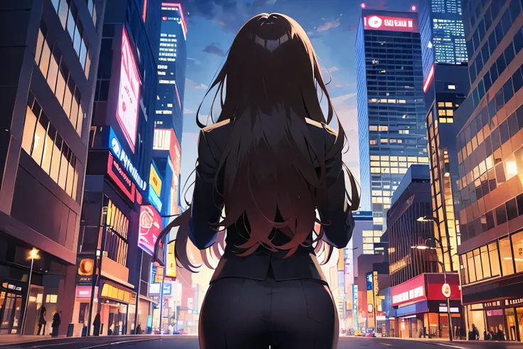 BREAK(Back view:1.5)BREAK,masterpiece,Highest quality,(black blazer:1.5)and(Medium hair woman)and(wavy hair)and(brown hair),The background is downtown at night,alone,