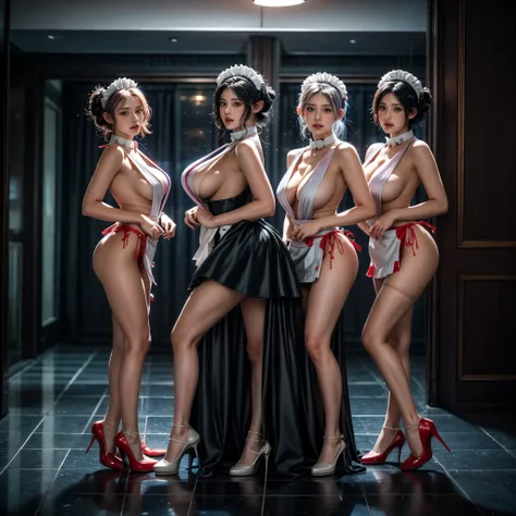 (Full Body of Extremely Detailed((Sexy Maid Group in a row:1.37))), KAWAII perfect face with Reflective Eyes, Detailed(Delicate Clothing textures), Correct Graceful Legs, Dynamic Joyful Expressions LifeLike Rendering, Specular Reflection, TopQuality 8K Ult...